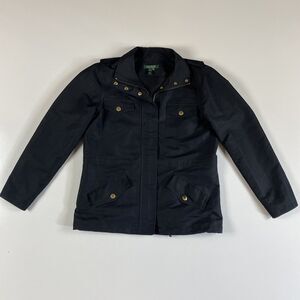 LAUREN RALPH LAUREN Full Zip Jacket BLACK w Gold Buttons Windbreaker Size Medium
